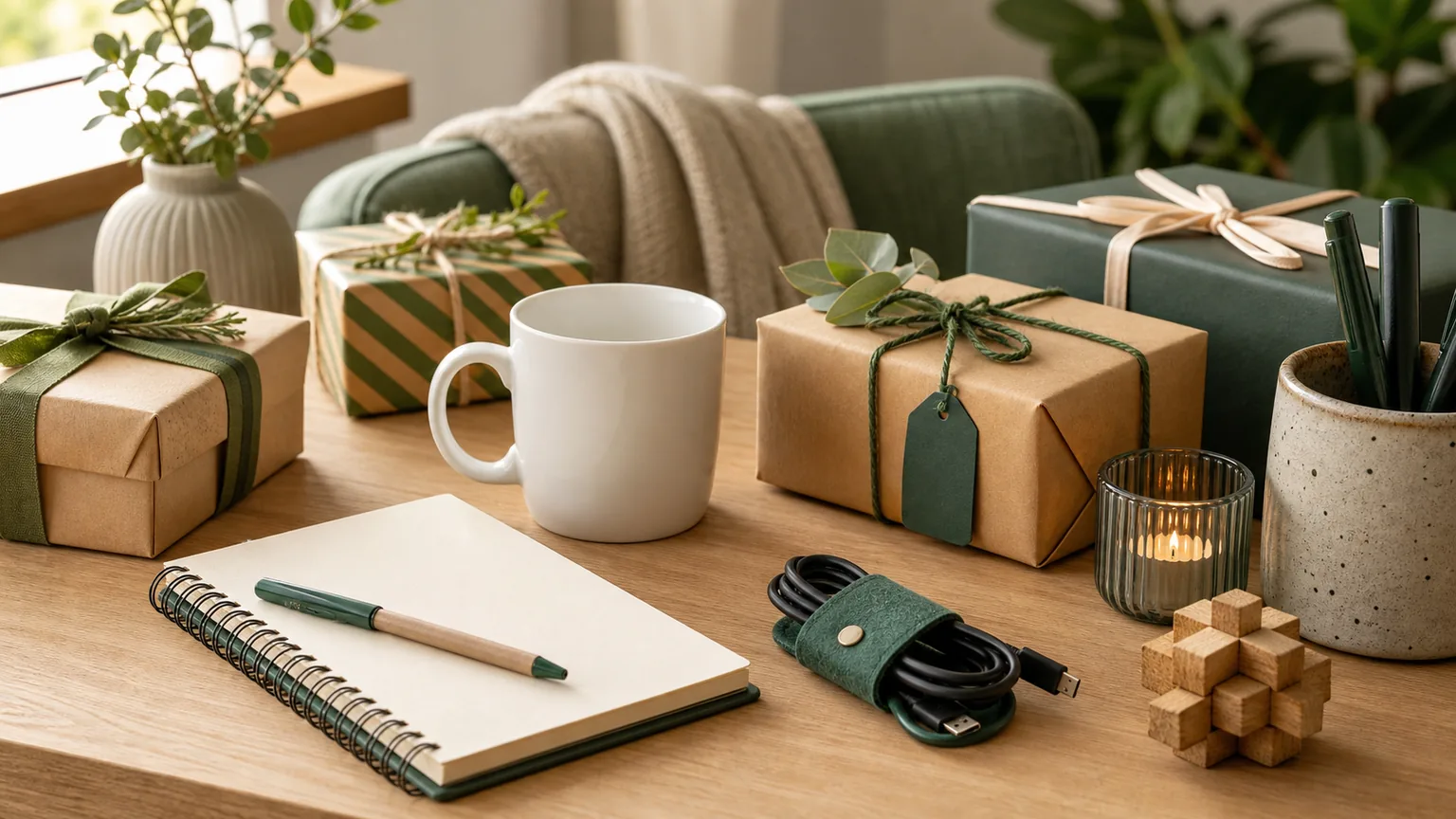 Mesa de escritório com pequenos embrulhos, caneca, caderno e objetos simples para amigo secreto