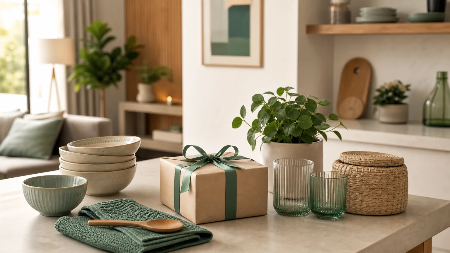 Bancada de cozinha moderna com taças, utensílios neutros, planta e prenda para casa nova