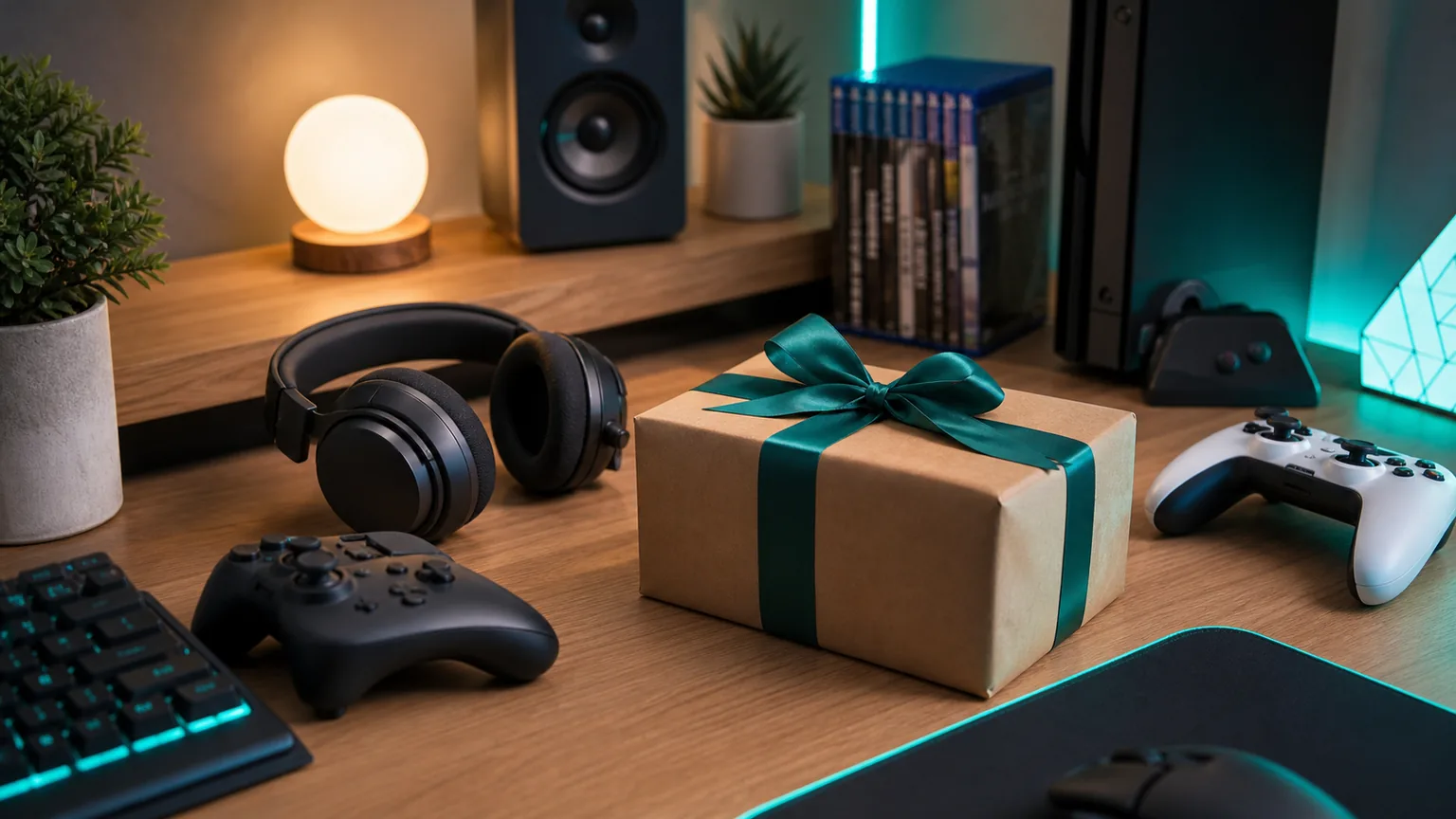Setup gaming moderno com comando, auscultadores e embrulho sem logótipos