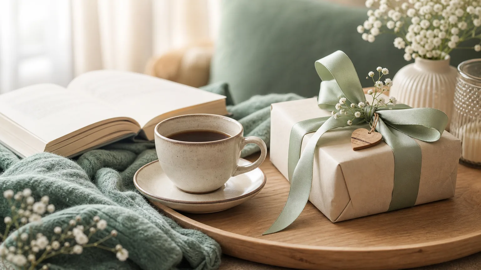 Mesa de pequeno-almoço com café, livro, flores discretas e uma prenda embrulhada para mãe