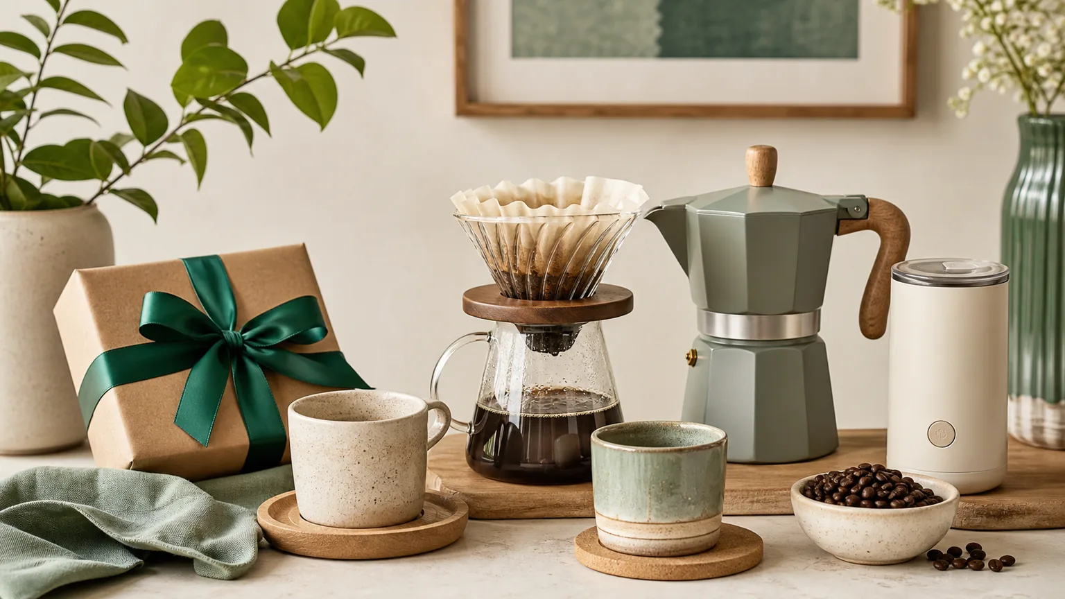 Mesa de café com cafeteira, chávenas, grãos, acessórios neutros e prenda embrulhada