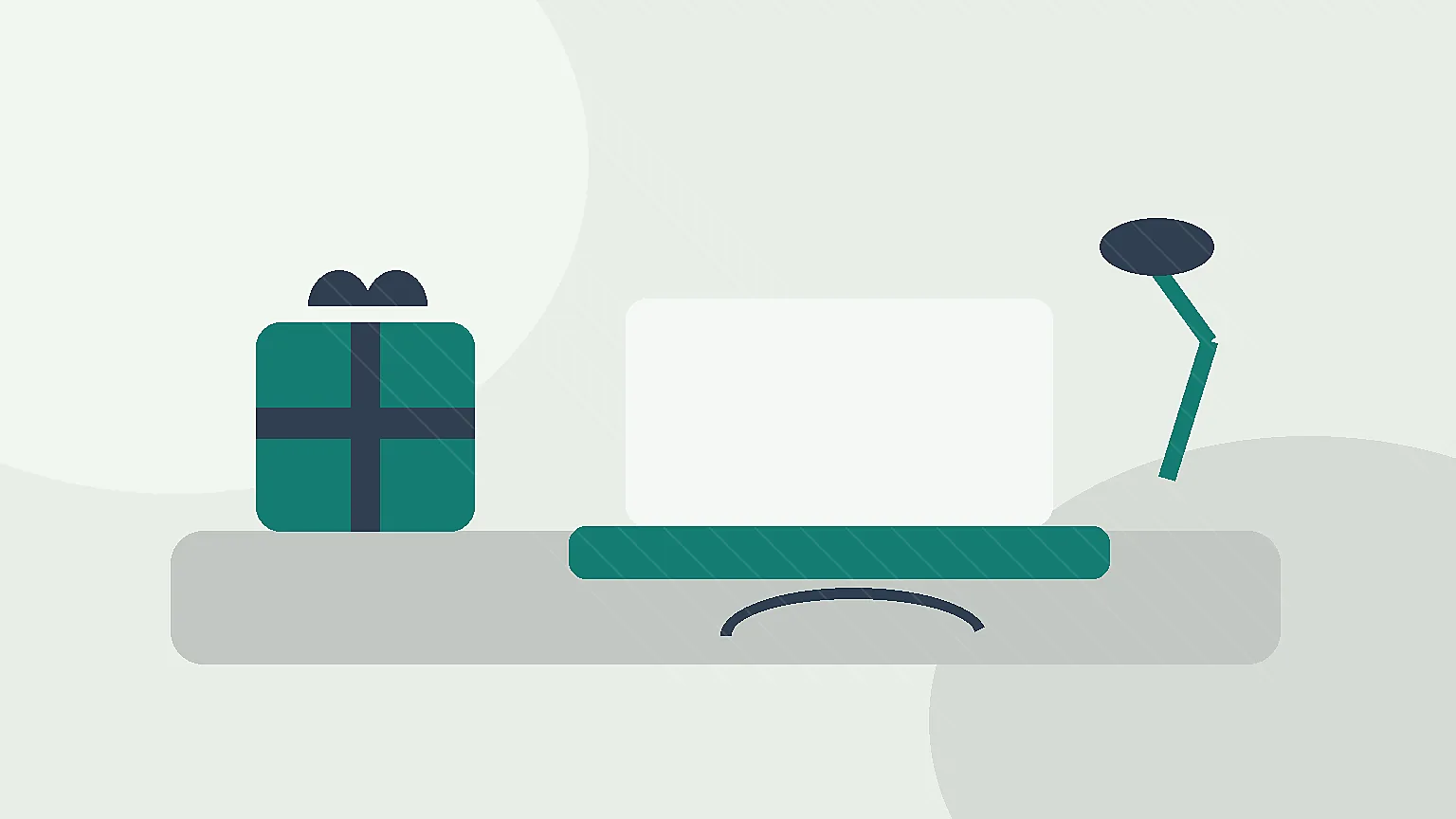 Secretária organizada com portátil genérico, suporte, luz, cabos e embrulho discreto