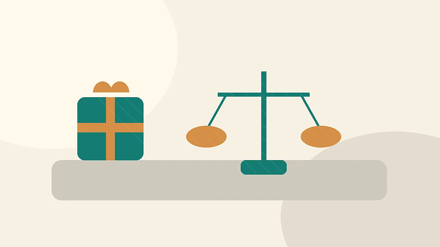 Balança visual simples com embrulho, etiqueta genérica e objetos úteis para comparar preço qualidade