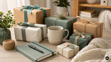 Embrulhos verdes e de papel, caneca, caderno e caneta numa mesa junto a uma manta