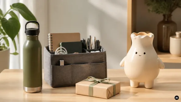 Garrafa reutilizável, organizador com caderno e canetas, vaso de forma expressiva e prenda embrulhada numa mesa