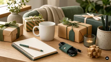 Mesa com pequenos embrulhos, caneca branca, caderno, caneta e planta para uma troca de prendas
