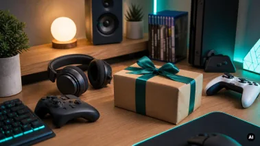 Setup gaming moderno com comando, auscultadores e embrulho sem logótipos