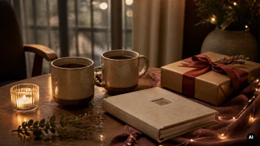 Duas canecas, álbum, vela e prenda embrulhada numa mesa com luz suave