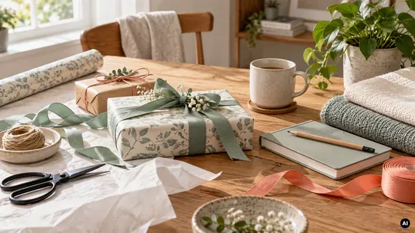 Papel de embrulho, fitas e prendas preparadas numa mesa, junto de uma caneca, um caderno e mantas dobradas.